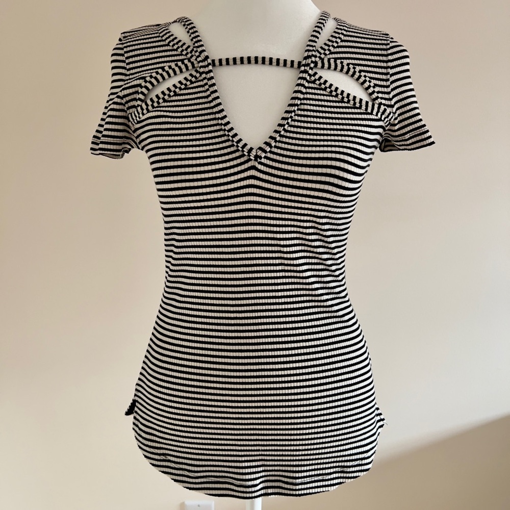 Free People, black and white striped T shirt with pretty cut-outs at neckline